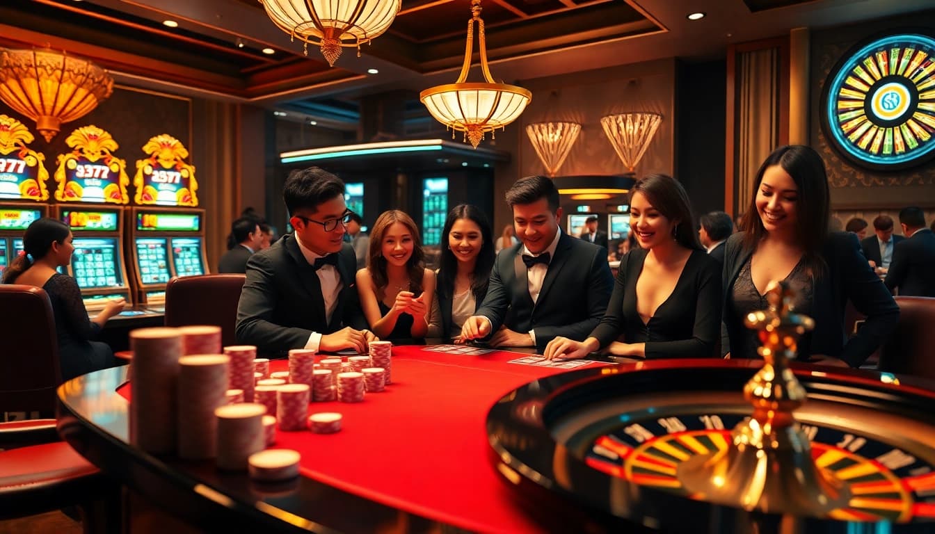 Experience the thrill of winning at thabet77 with vibrant casino tables and spinning roulette wheels.