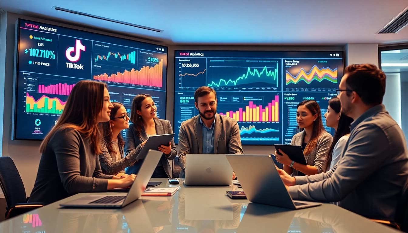 Analyze TikTok ads performance with marketing professionals in a vibrant office.
