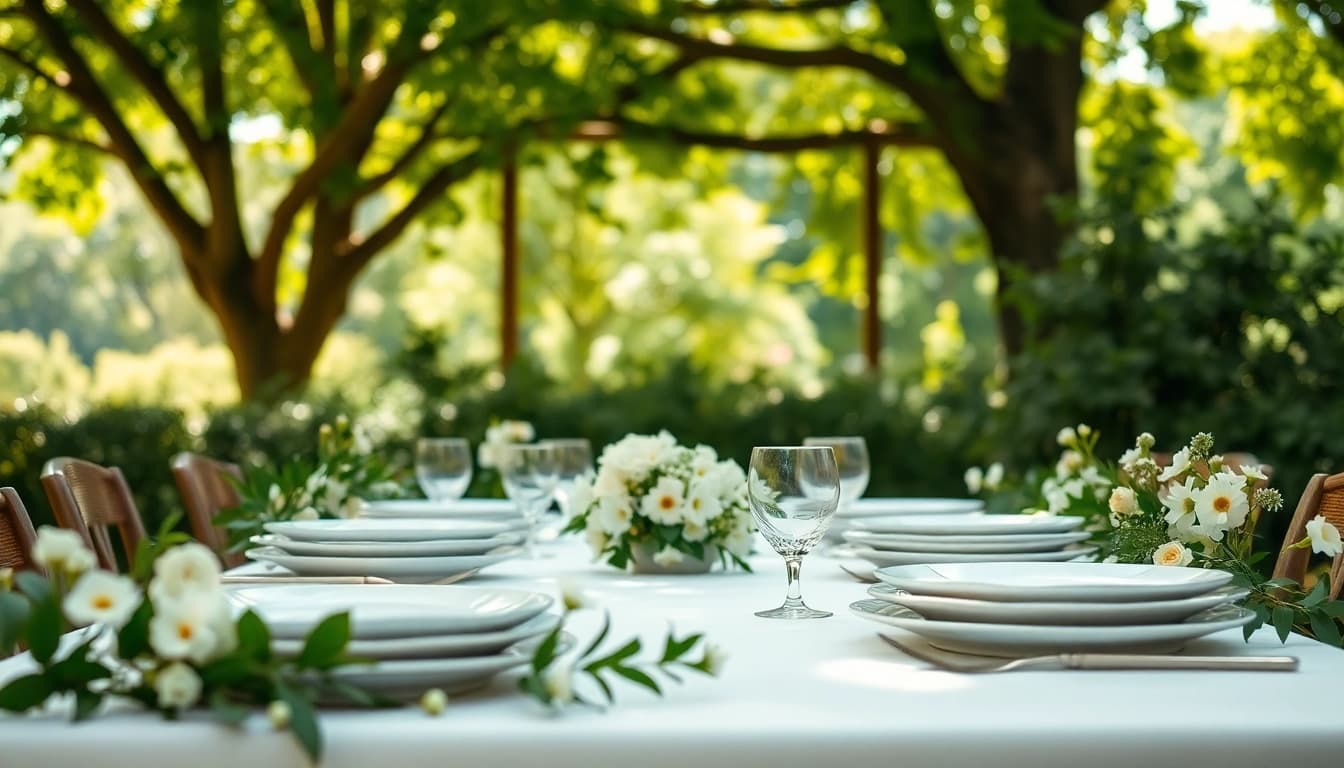 Elegant display of compostable wedding plates on a beautifully decorated table outdoors.
