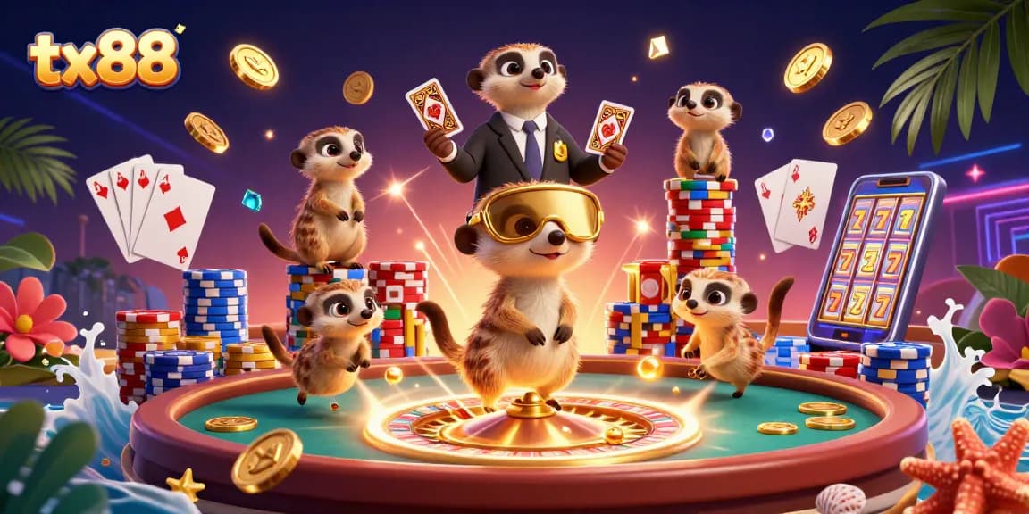 Experience the excitement of tx88 with meerkats running a vibrant casino operation filled with chips and cards.