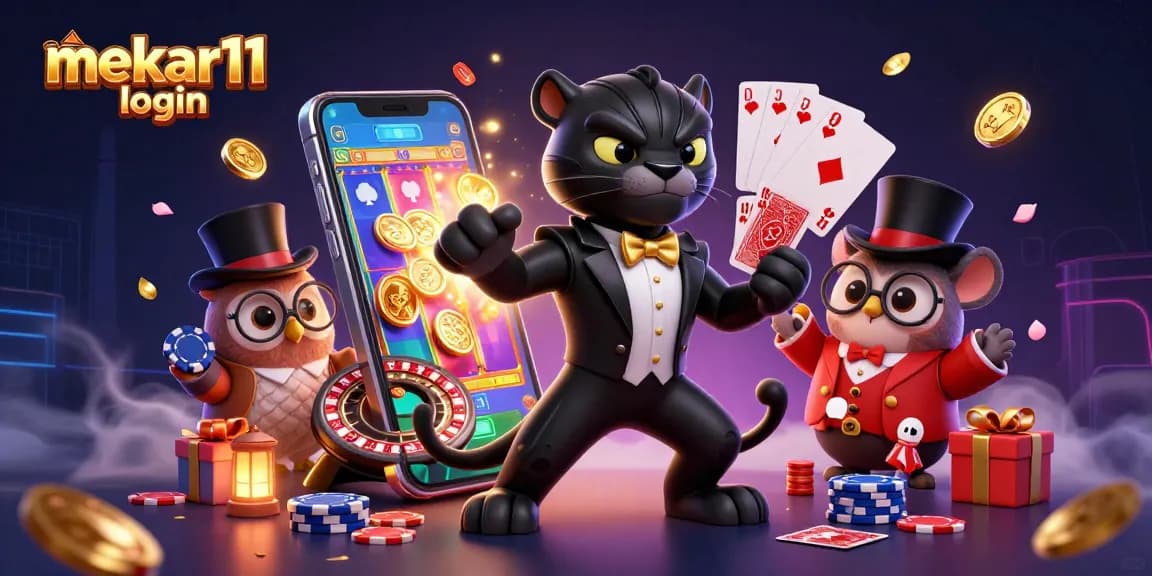 Experience mekar11 login with a stylized 3D rendering of cartoon characters dealing cards in a vibrant casino scene.