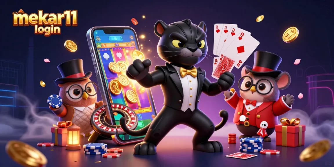 Experience mekar11 login with a stylized 3D rendering of cartoon characters dealing cards in a vibrant casino scene.