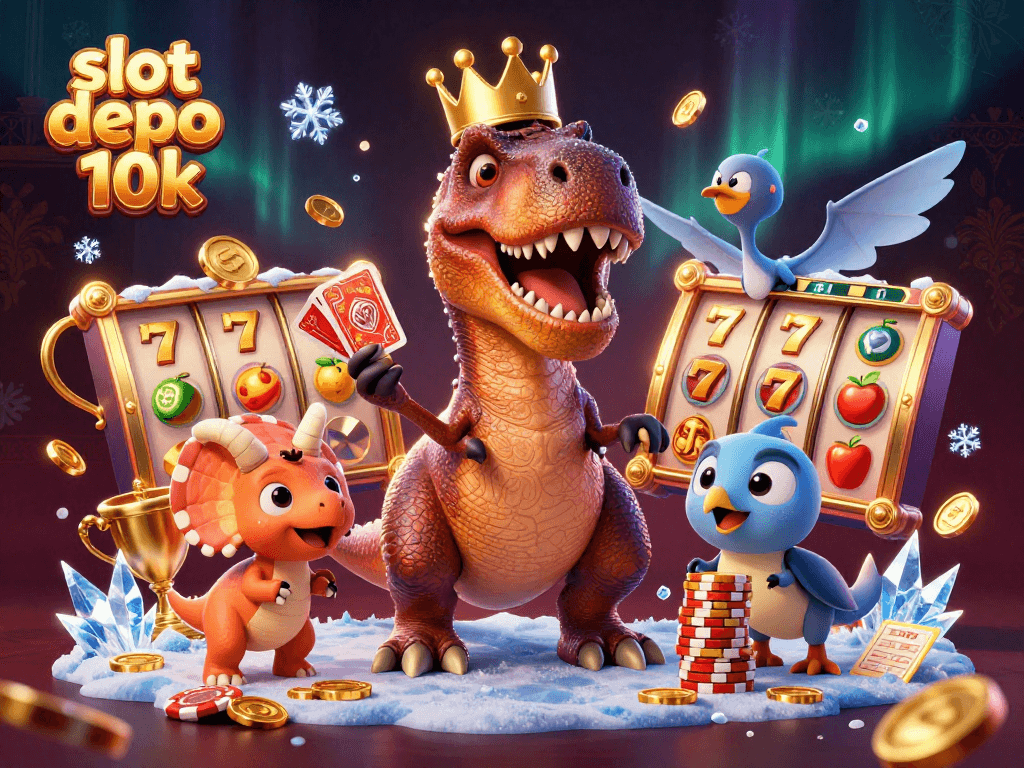 Menangkan slot depo 10k dengan ilustrasi kartun lucu T-Rex dan pterodactyl bermain kartu.