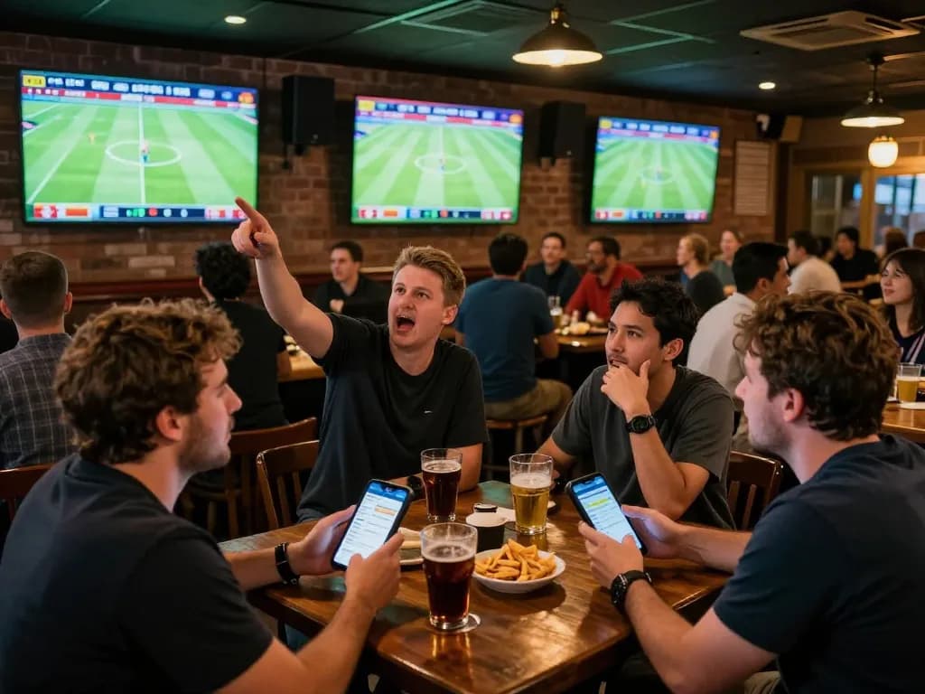 Bongdalu users excitedly placing bets on live sports with mobile devices in a lively bar setting.