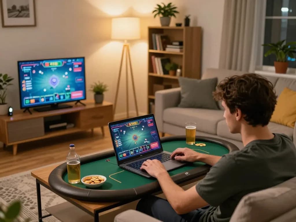Player enjoying online poker game on laptop in cozy living room, featuring TG88 gameplay experience.