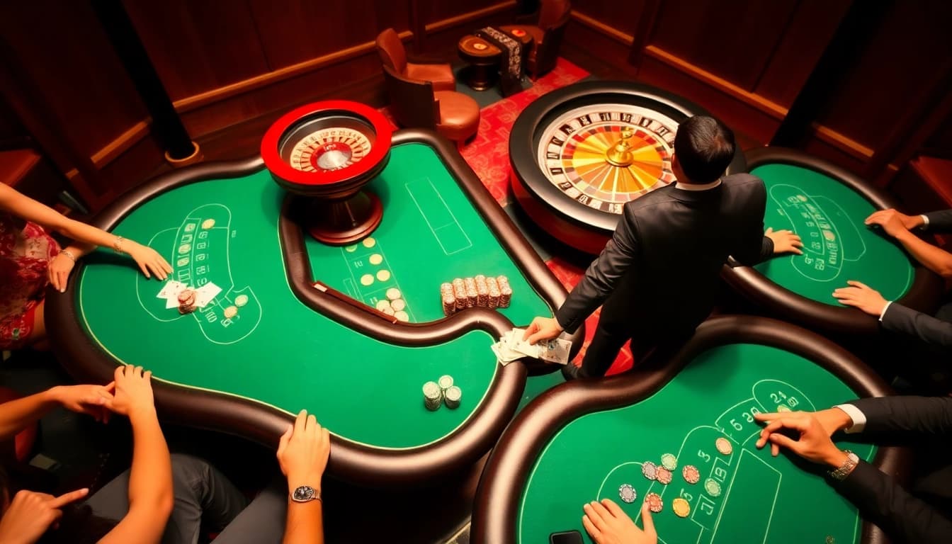 Experience thrill and excitement at KP88 casino with vibrant gaming tables and intense players.