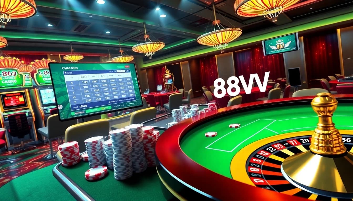 Engage in thrilling online gaming at https://88vv.fans/ with vibrant slot machines and poker chips.
