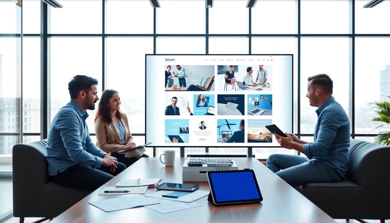 Showcasing a web design company teamwork in a modern office environment.