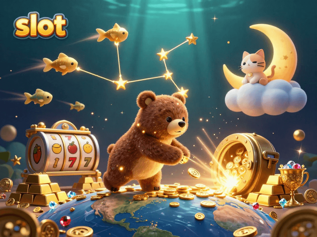 Slot game excitement with constellation bear, diamond treasures, and sparkling atmosphere.