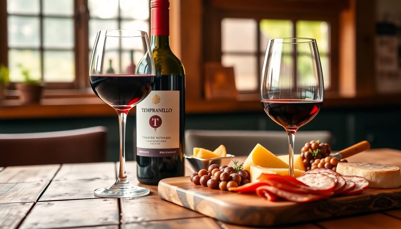 Experience Tempranillo wine tasting with a beautifully arranged setup featuring cheese and charcuterie.