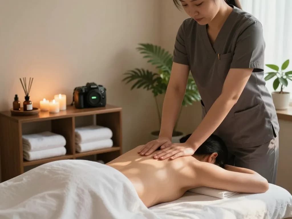 편안한 치료 요소를 강조한 조용한 스파 환경에서의 편안한 인계동마사지 세션.