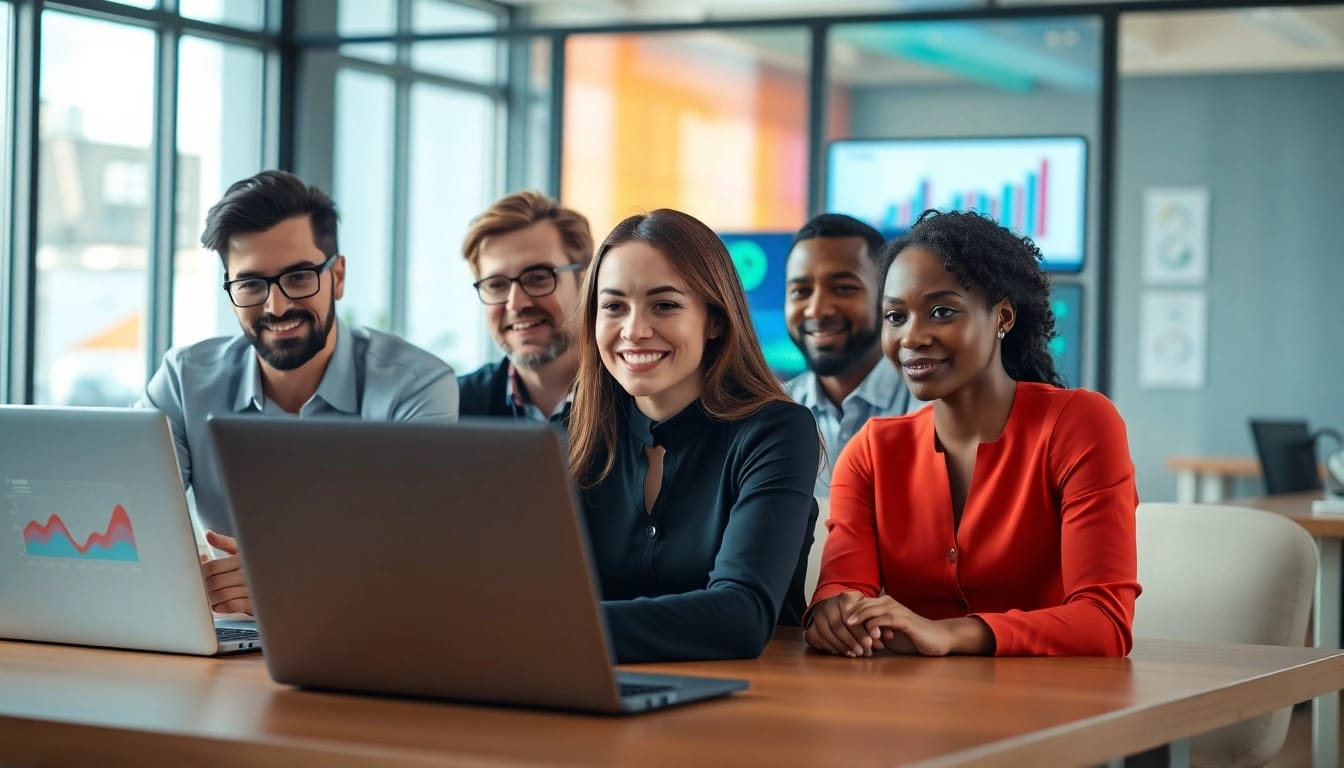 Hire remote salespeople collaborating in a modern office setting with digital tools.