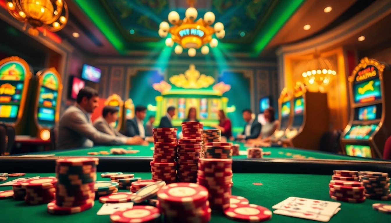 Vivez une action de casino en ligne palpitante avec des jeux vibrants, des jetons de poker et des cartes.