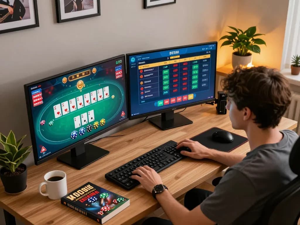 Player enjoying MB66 online gaming on dual screens with poker game interface and strategic notes.