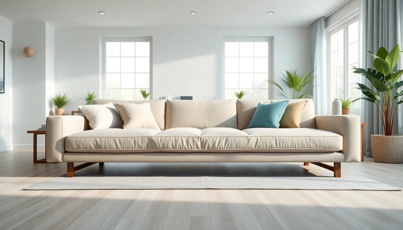 Cozy sofa bed with elegant cushions in a bright living room setting