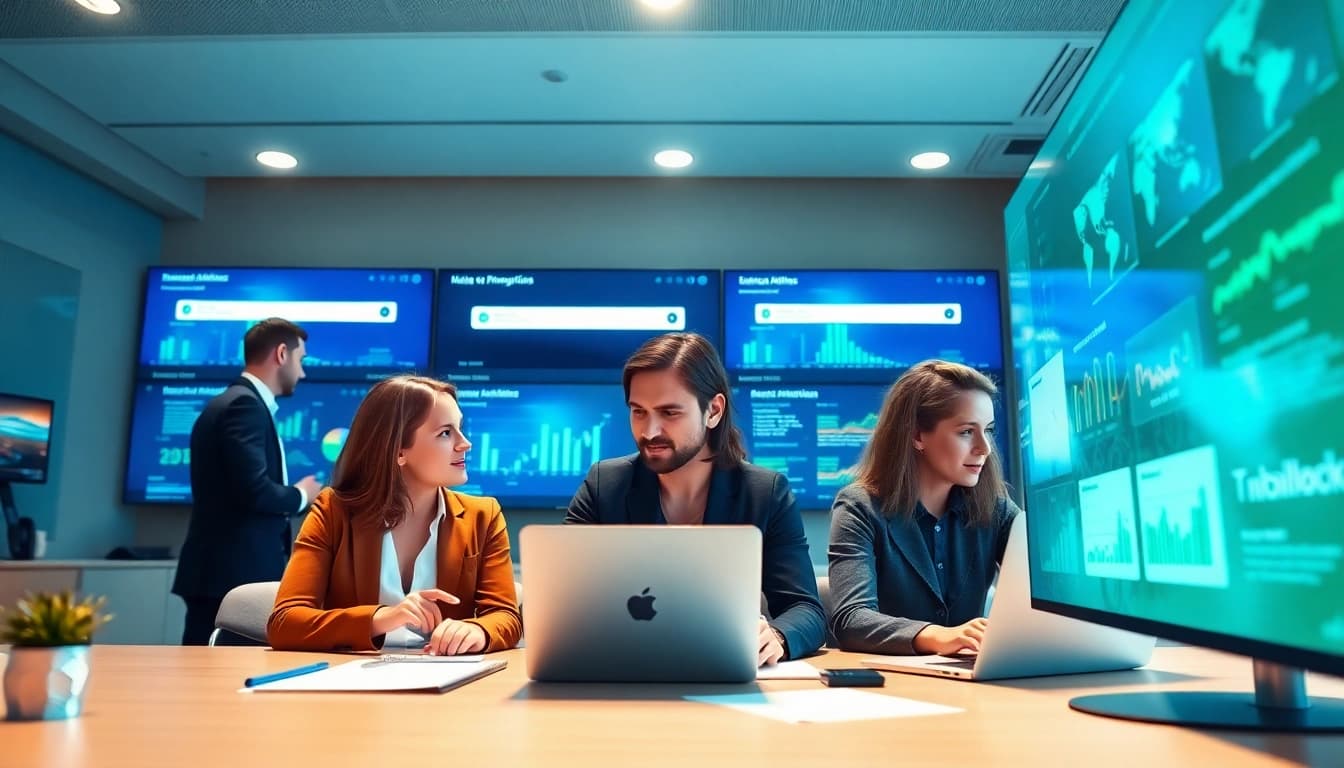 Showcase of enterprise search solutions with employees collaborating in a modern office.