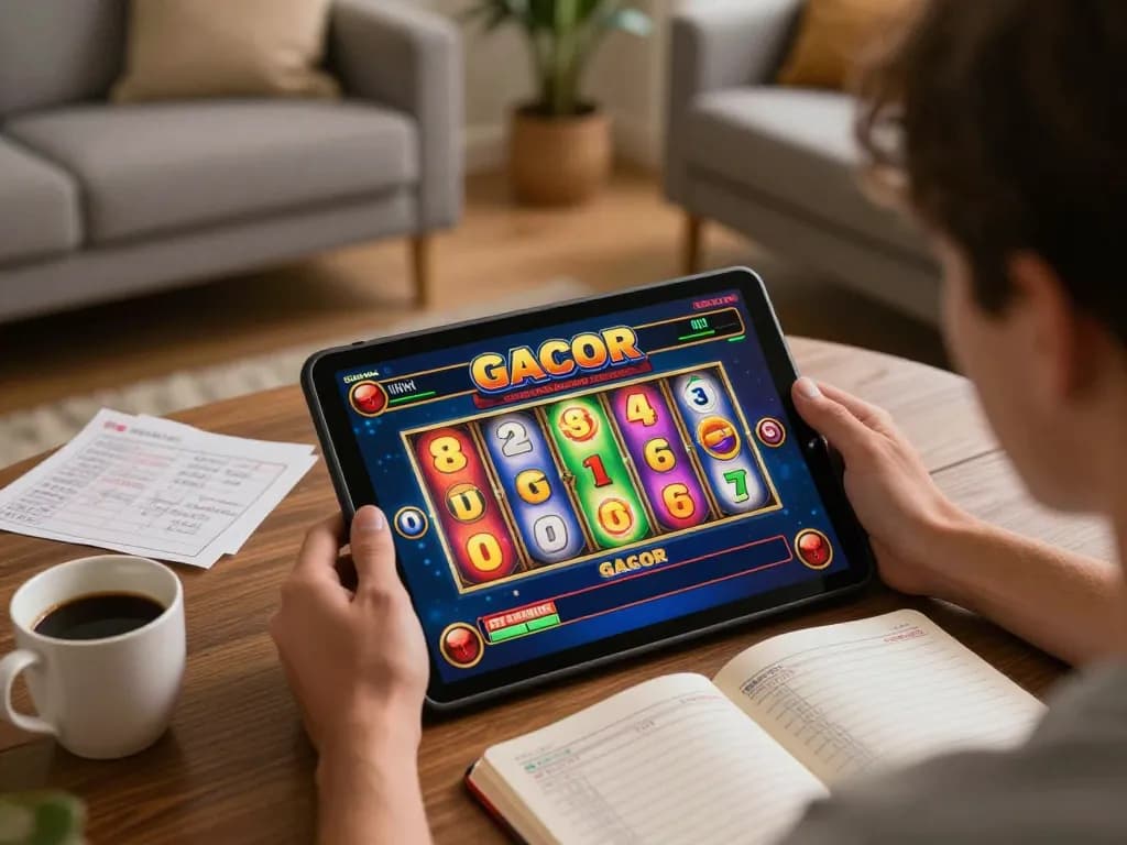 Engaged player enjoying slot gacor on tablet in cozy home setting, highlighting interactive online gaming experience.