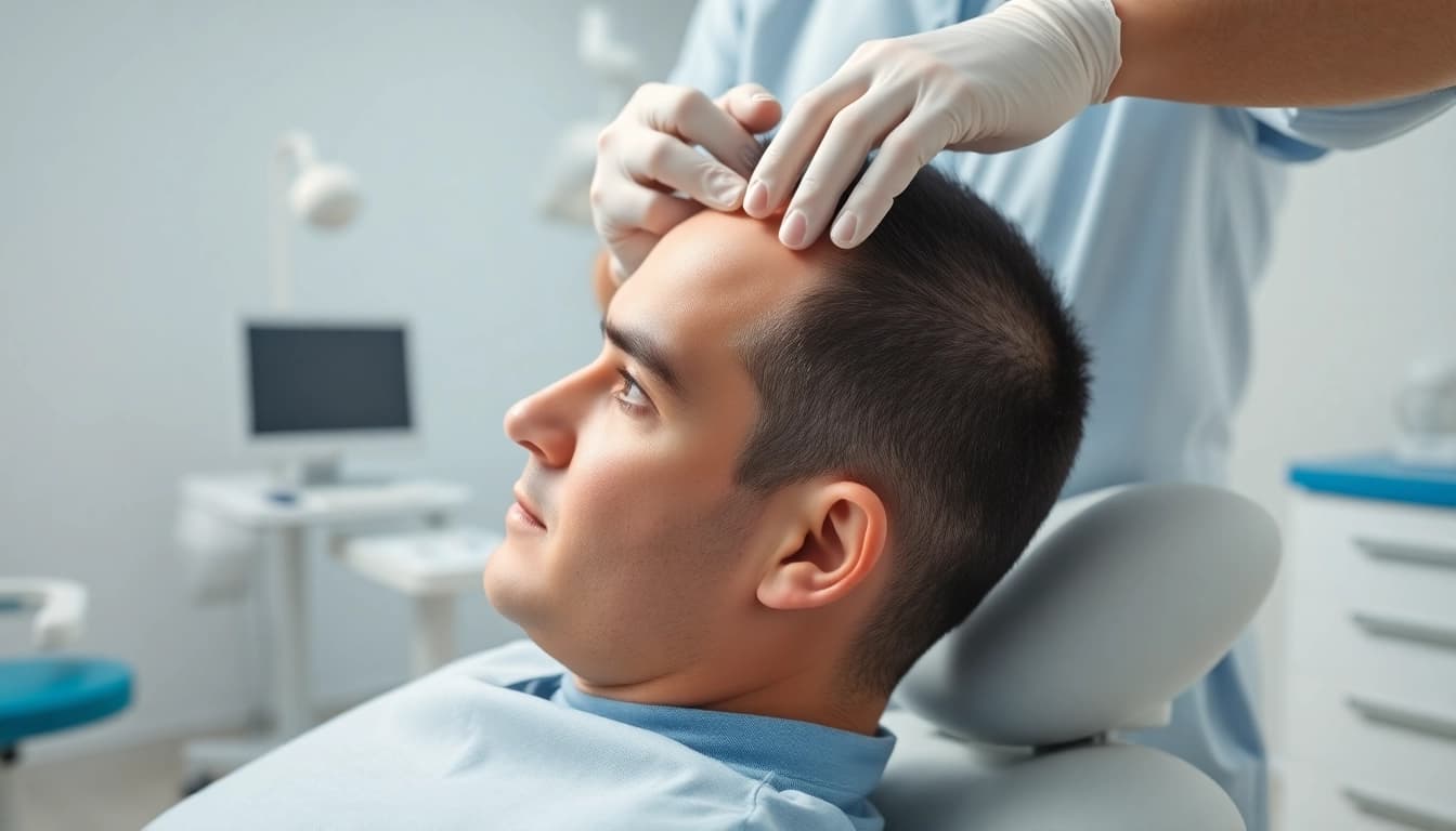 Performing a hair transplant uk procedure with a skilled surgeon in a modern clinic.