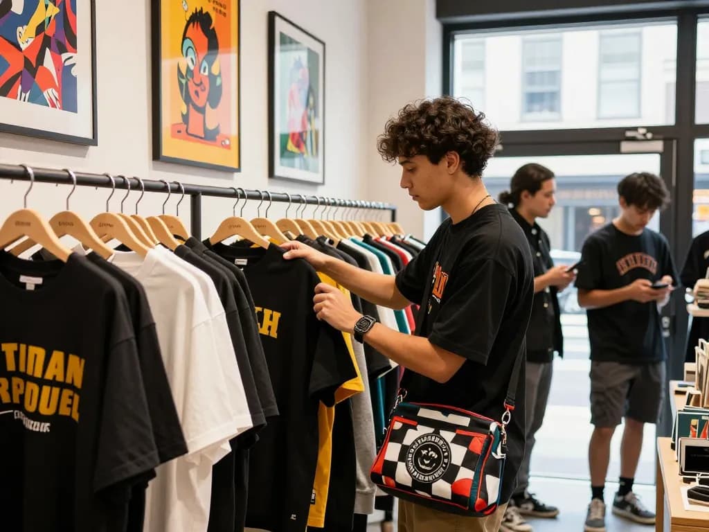 Shopper exploring trendy 레플리카 bags in a vibrant urban boutique.