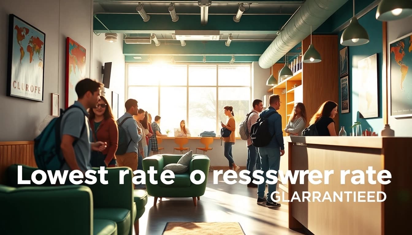 Find the Lowest rate guaranteed for hostels with friendly travelers at a vibrant reception.