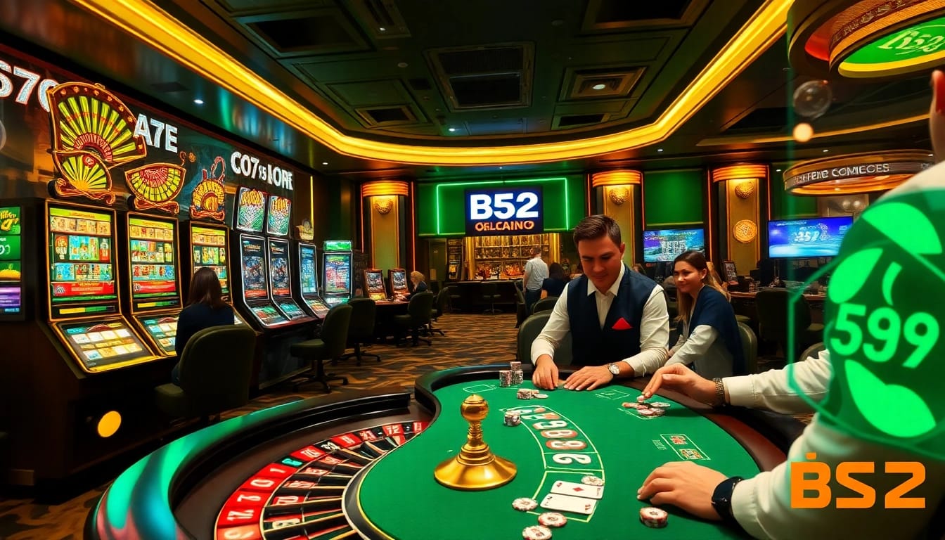 Cổng game B52 featuring exciting casino elements like poker, roulette, and luxury gaming atmosphere.