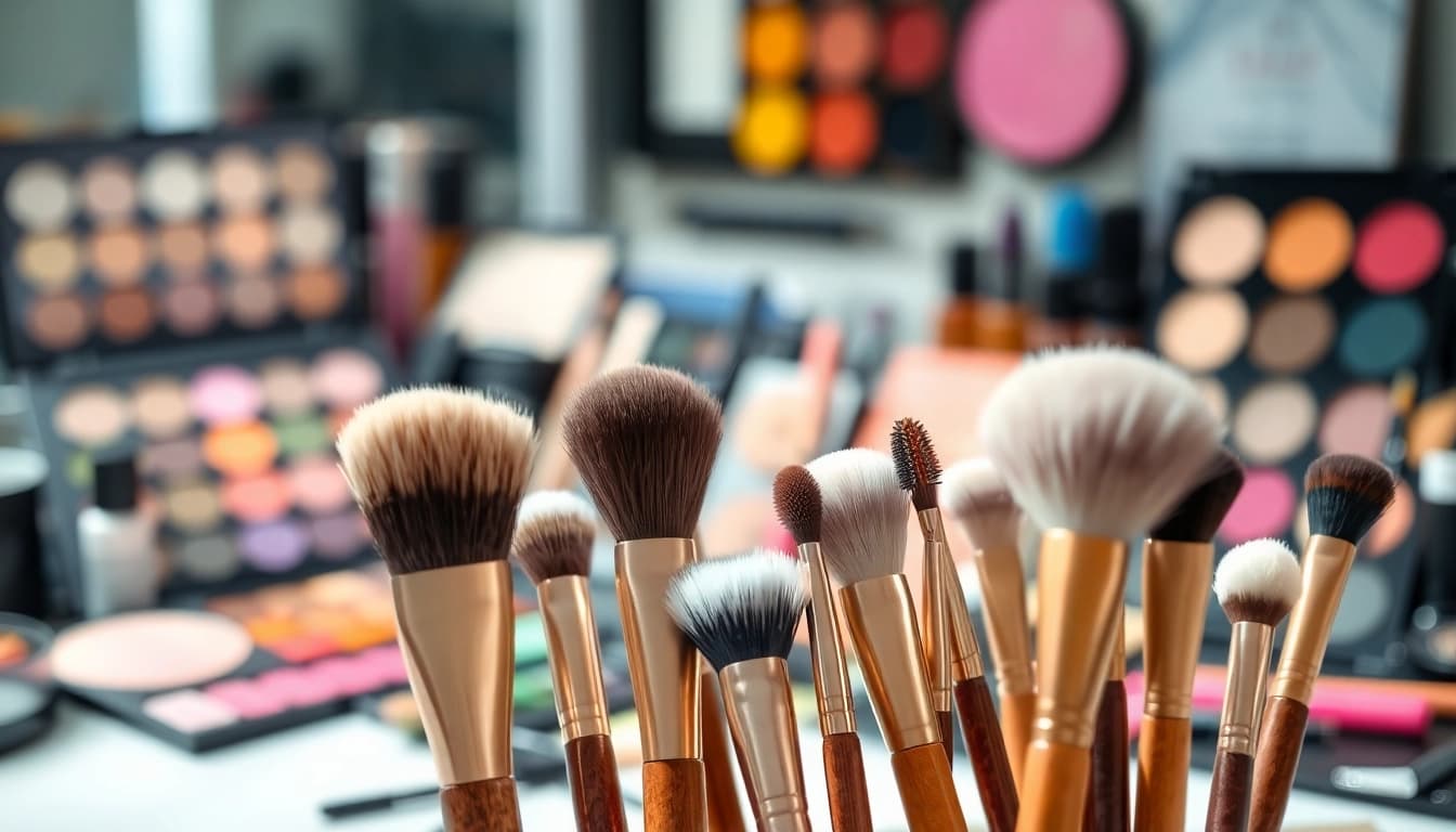 Apply makeup seamlessly with high-quality makeup blending brushes displayed on a vibrant vanity.