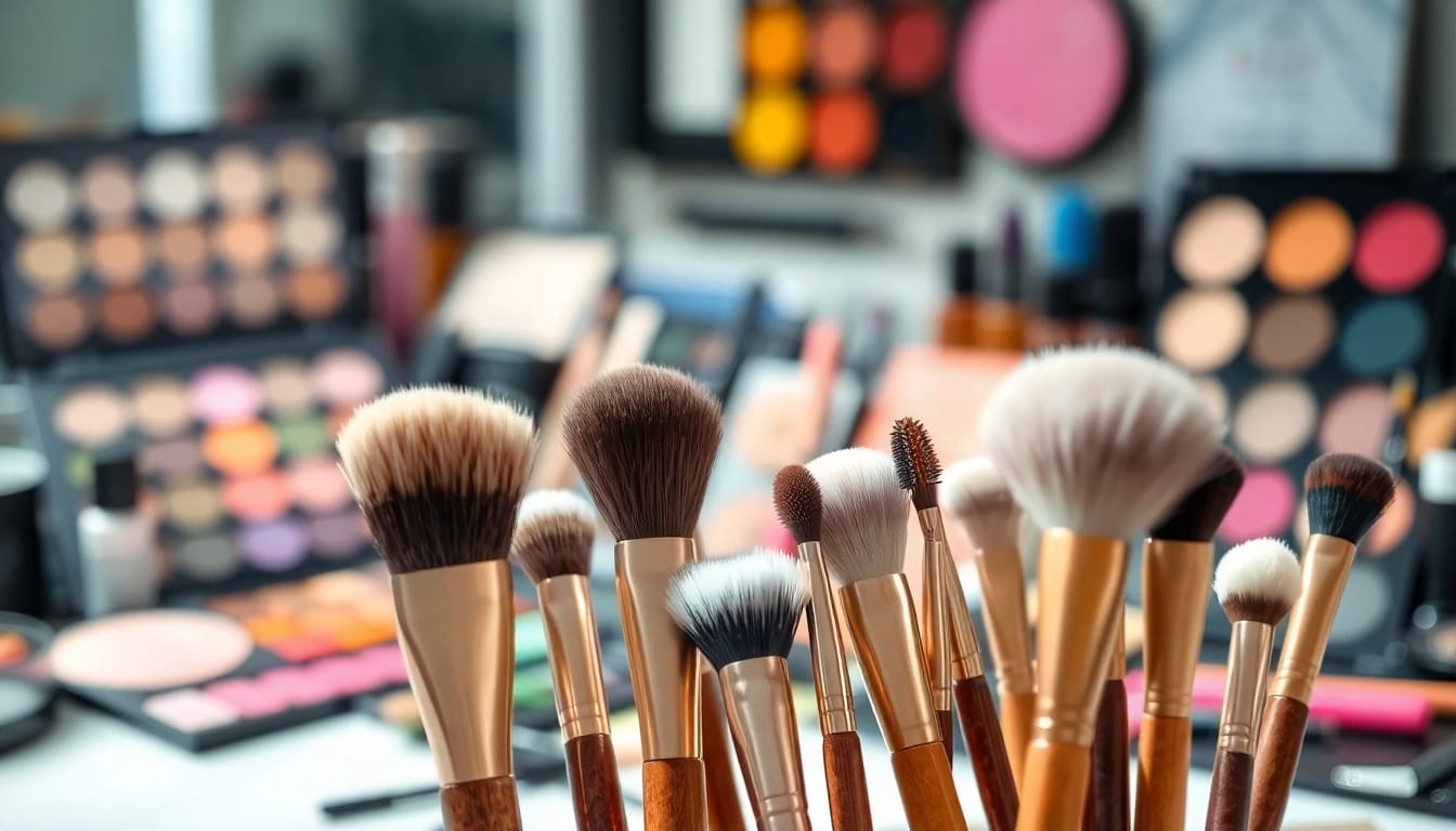 Apply makeup seamlessly with high-quality makeup blending brushes displayed on a vibrant vanity.