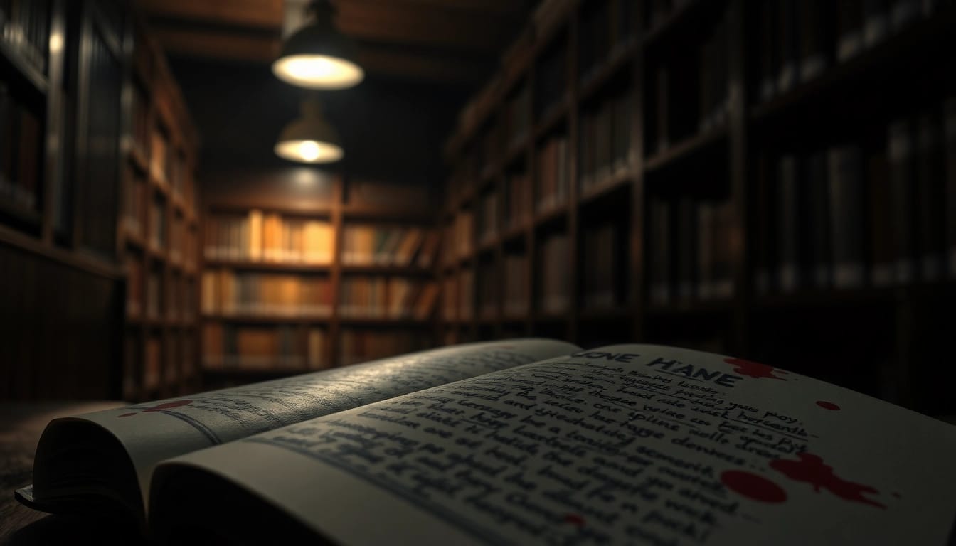 Unraveling mysteries through a thrilling book set in a suspenseful library atmosphere.