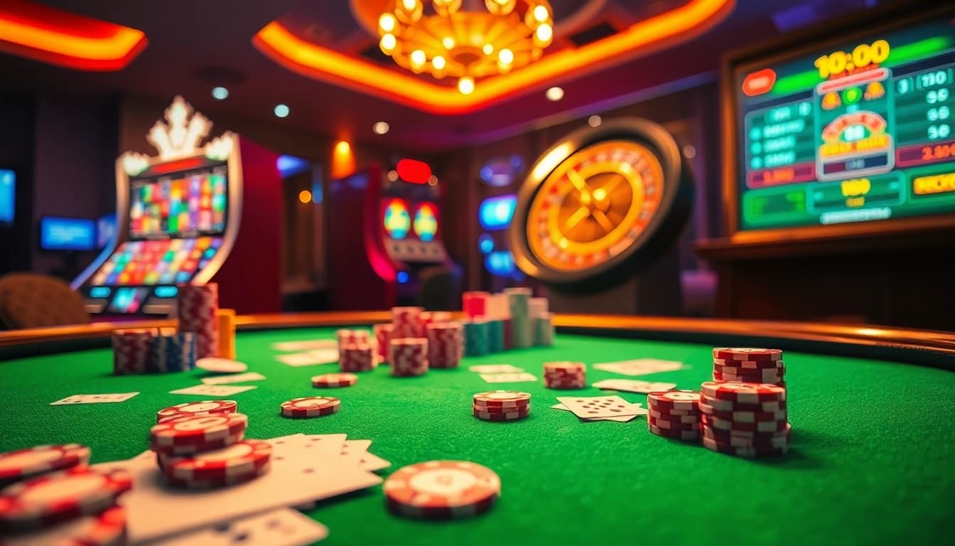 Experience the thrill of Gopay88 Daftar at an elegant casino featuring poker chips and vibrant slot machines.