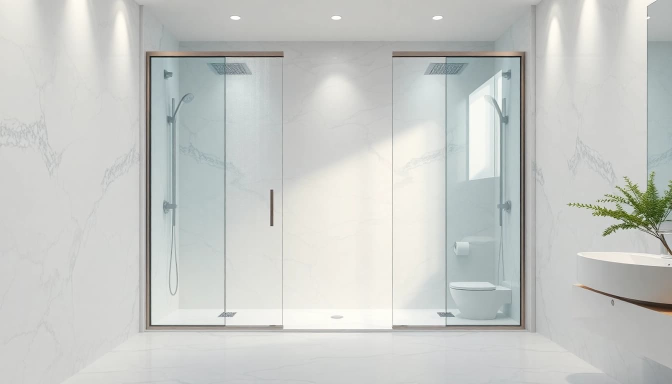 Experience elegant showers in a modern bathroom showcasing luxury and tranquility.