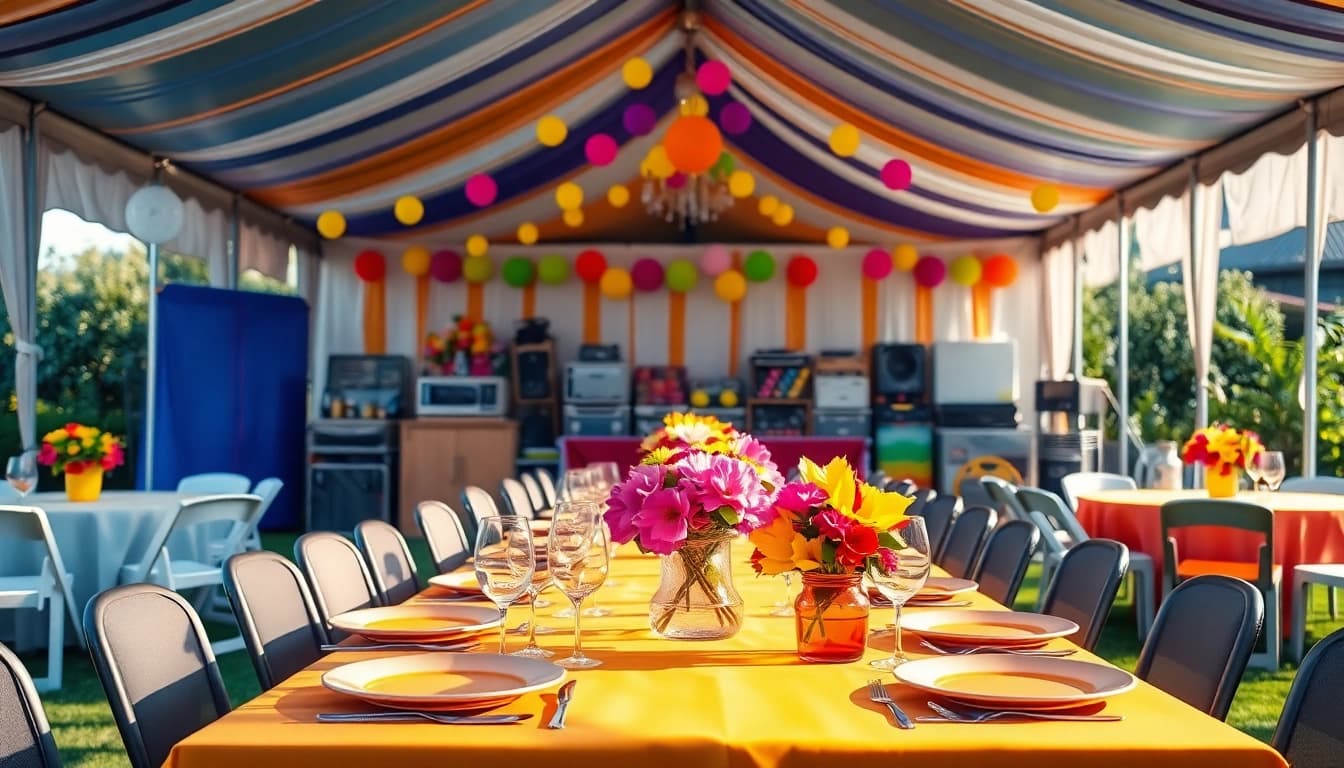 Party Rentals Near Me featuring a vibrant outdoor party setup with colorful decorations and rental equipment.