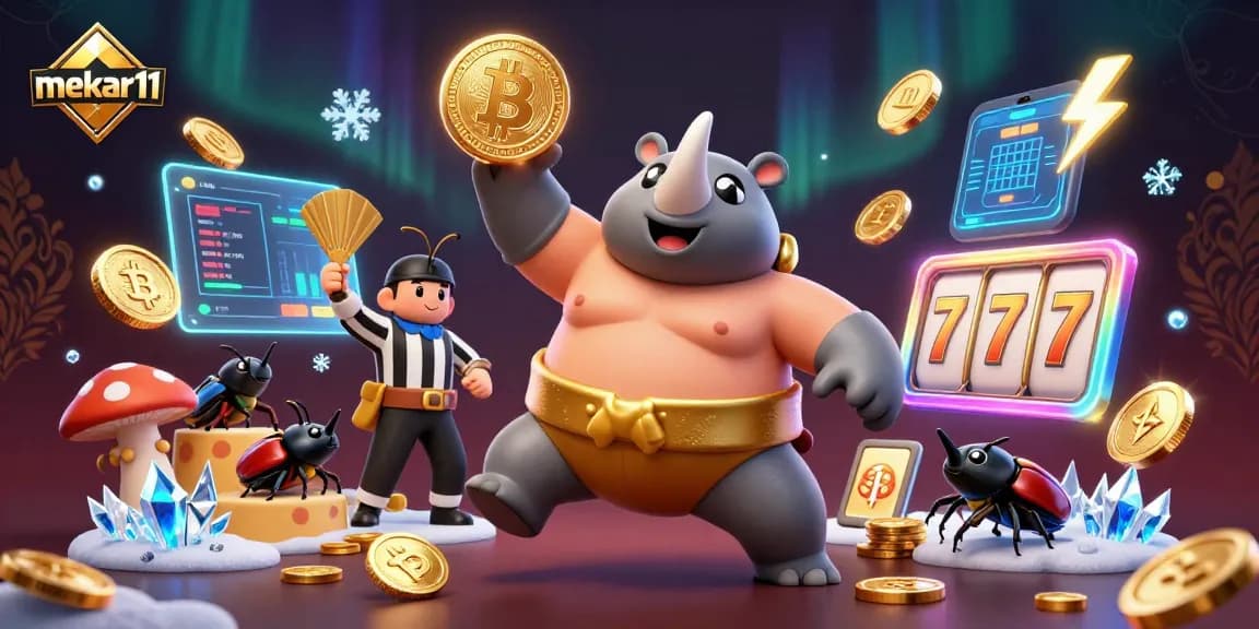 Engage with mekar11 as a thrilling casino scene featuring a sumo beetle champion surrounded by dynamic game elements.