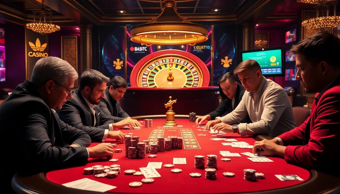 Experience the excitement of sbobet link alternatif at a high-stakes poker table with vibrant colors and casino props.