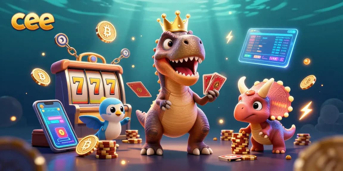 Players engage with credit card casinos while T-Rex shuffles cards, showcasing cee content.