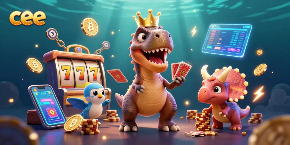 Players engage with credit card casinos while T-Rex shuffles cards, showcasing cee content.
