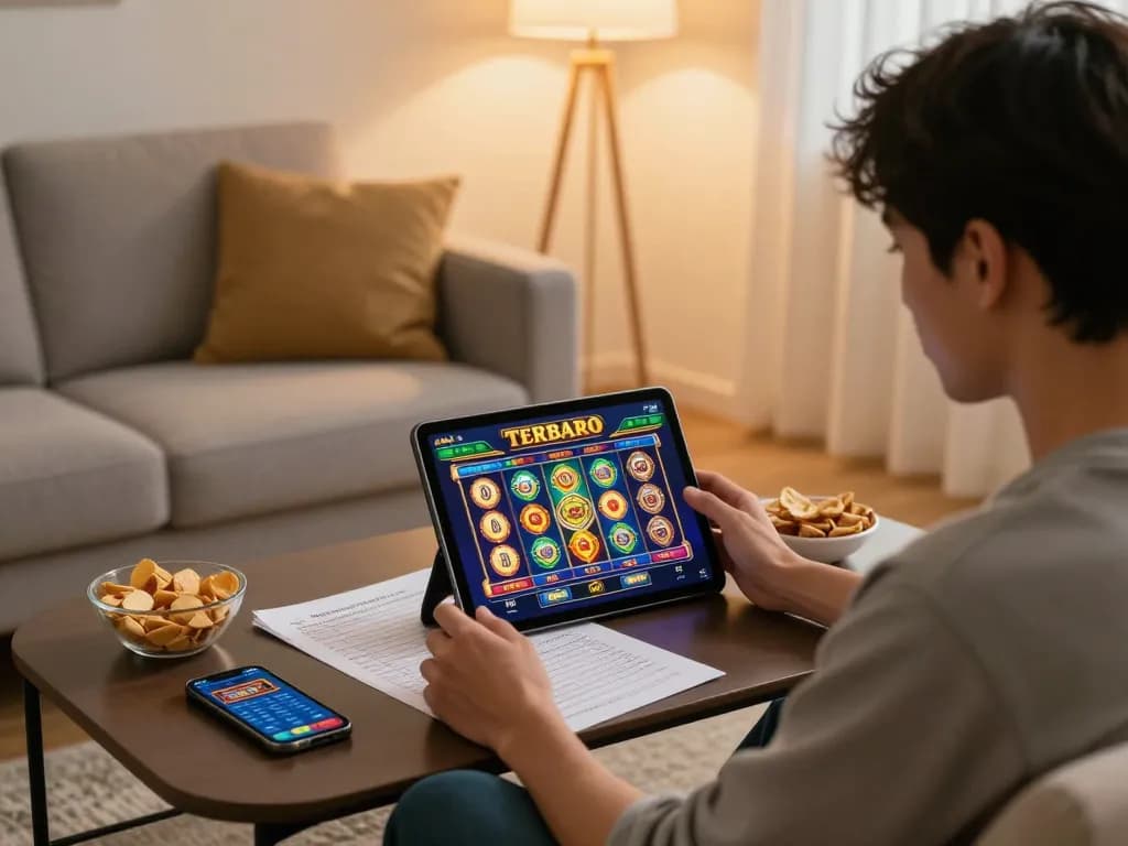 Player exploring slot terbaru on a tablet, showcasing a cozy online gaming atmosphere.