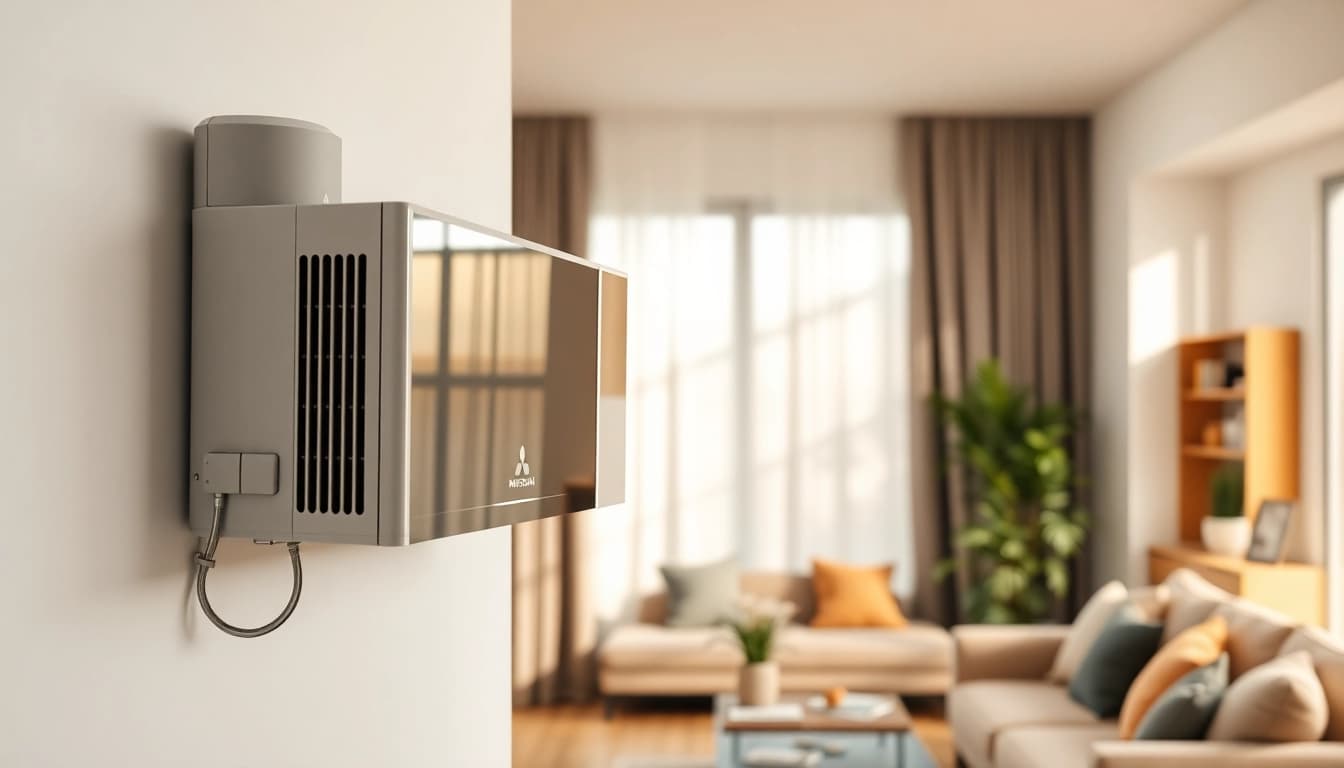 Install a mitsubishi mini split ac showcasing its sleek design in a modern living room atmosphere.