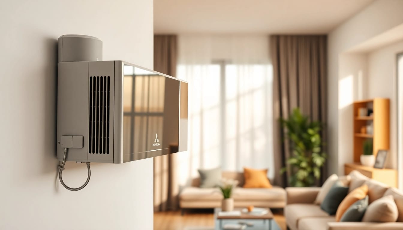 Install a mitsubishi mini split ac showcasing its sleek design in a modern living room atmosphere.