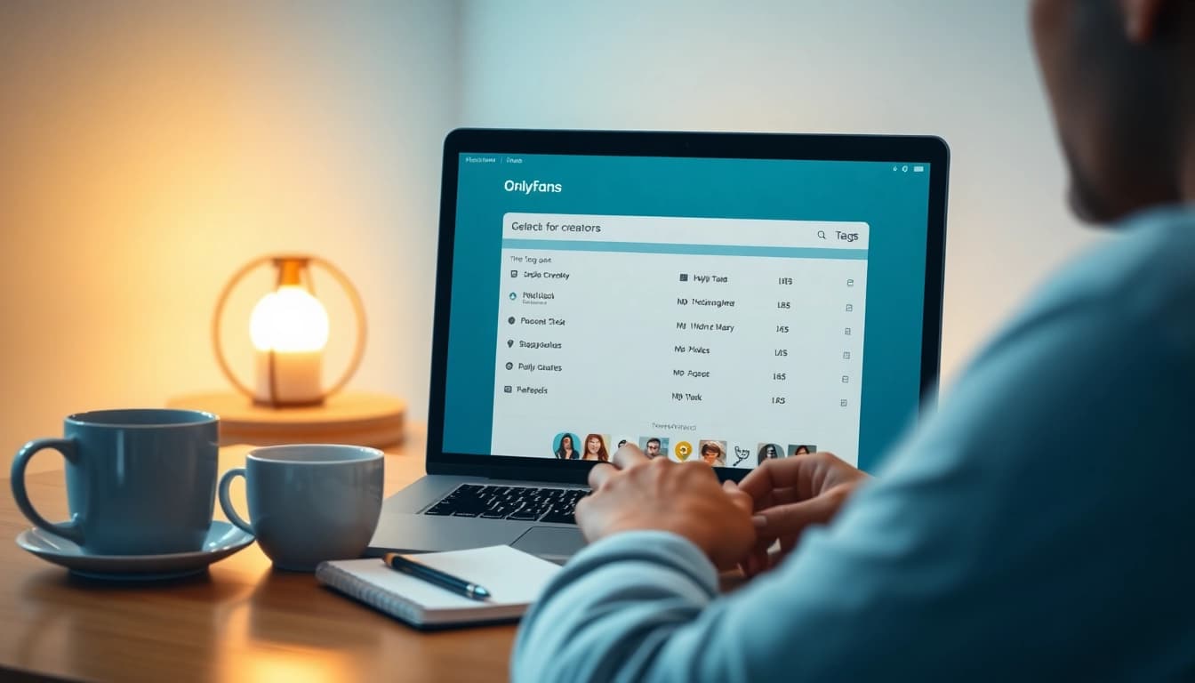 Searching OnlyFans by tags on a laptop in a cozy workspace.