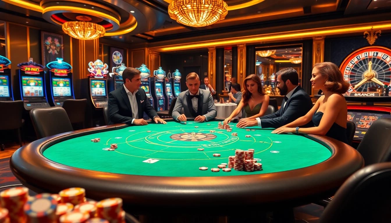 Players engaged in a thrilling GK88 poker game at a luxury casino table with vibrant chips and cards.