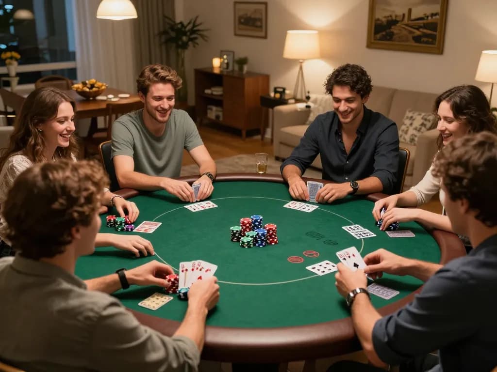 Players engaging in a thrilling poker night at home, experiencing fabet gameplay excitement.