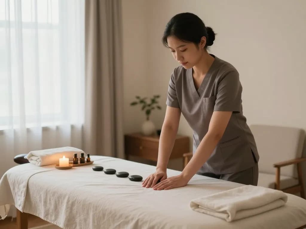 Relaxing 부천 출장마사지 setting with a massage table, soothing candles, and therapist preparing for a session.