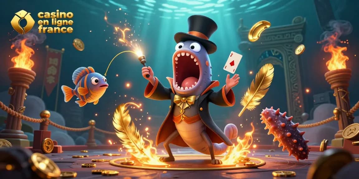 Visuel dynamique illustrant un casino en ligne France avec des personnages marins jouant des tours de magie.