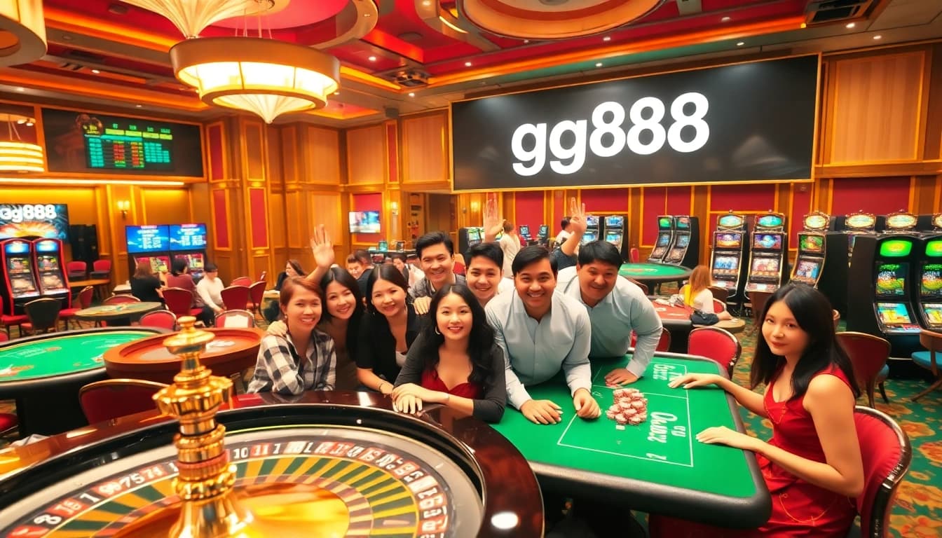 Players celebrating a big win at the gg88 casino with colorful chips, cards, and a roulette wheel.