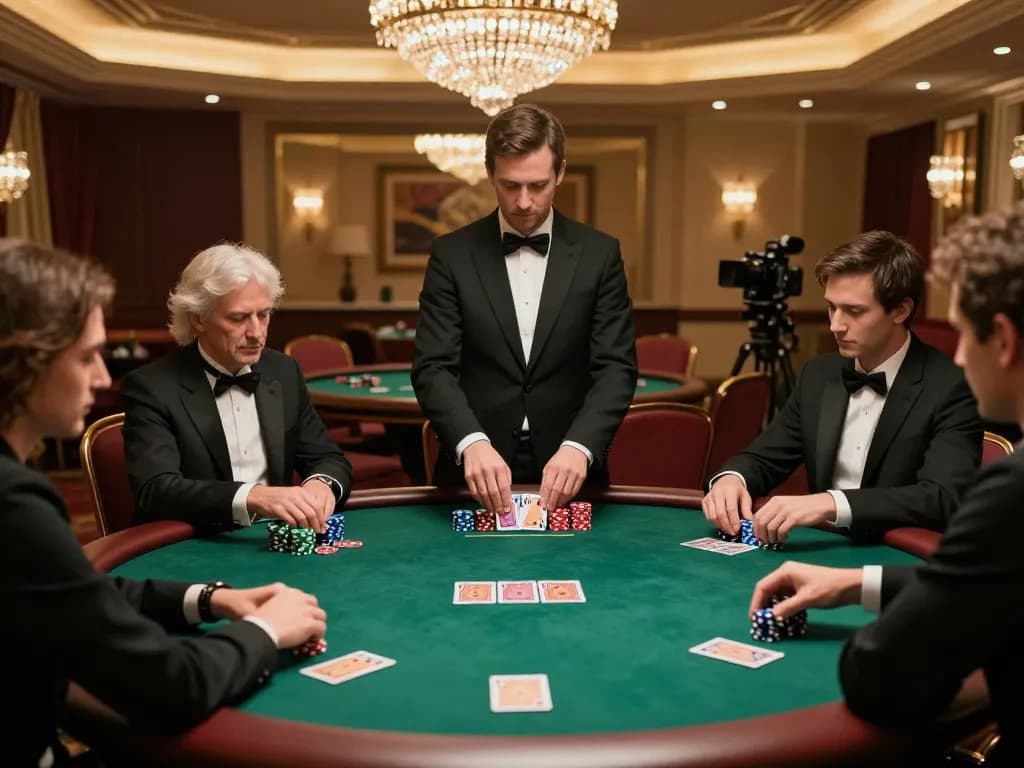 KJC players engaging in an upscale poker game, showcasing strategic betting in a luxurious casino setting