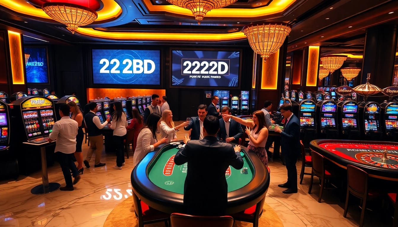 Exciting casino scene showcasing vibrant gameplay at 222BD with players at roulette and slot machines.