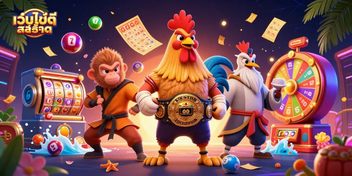 Engaging scene with เว็บไซต์สล็อต where a Muay Thai rooster, a Shaolin monkey, and a wise crane master celebrate as slots spin with vibrant casino elements.