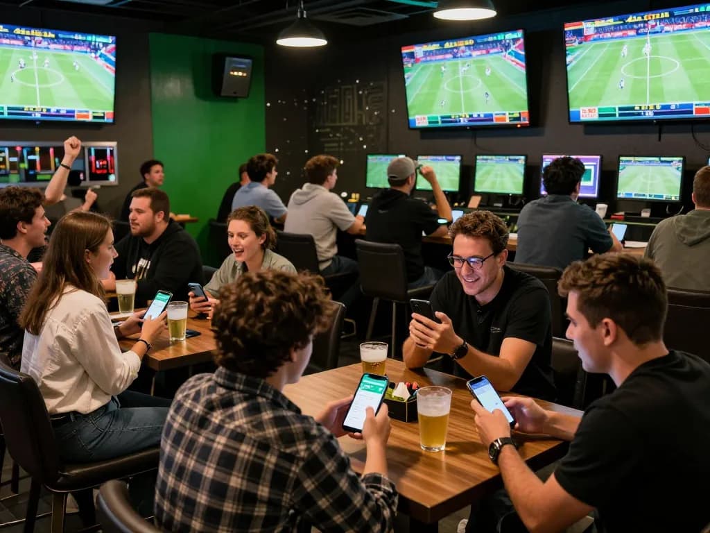 Sports betting enthusiasts using JPTOTO app to place bets in an exciting sports bar atmosphere