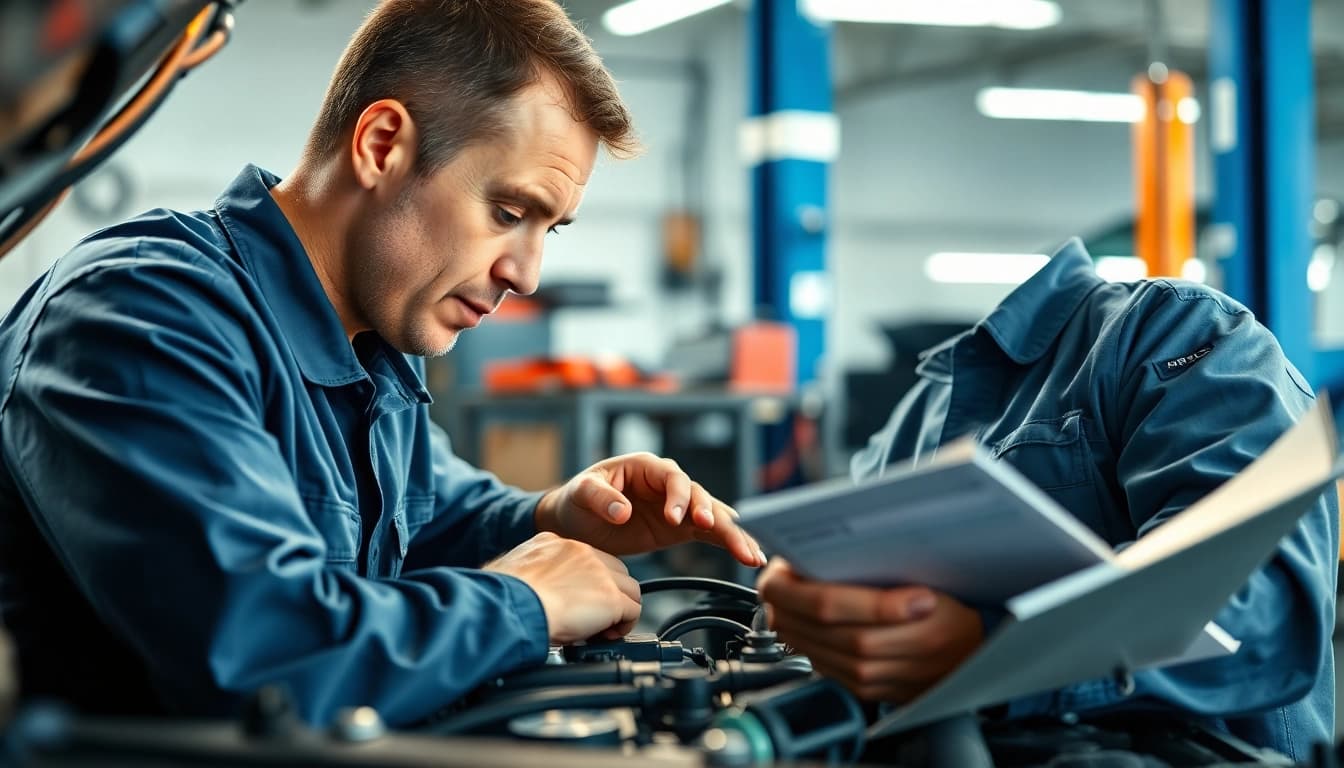 Evaluating an auto protection plan benefits with a mechanic inspecting an engine in a garage.