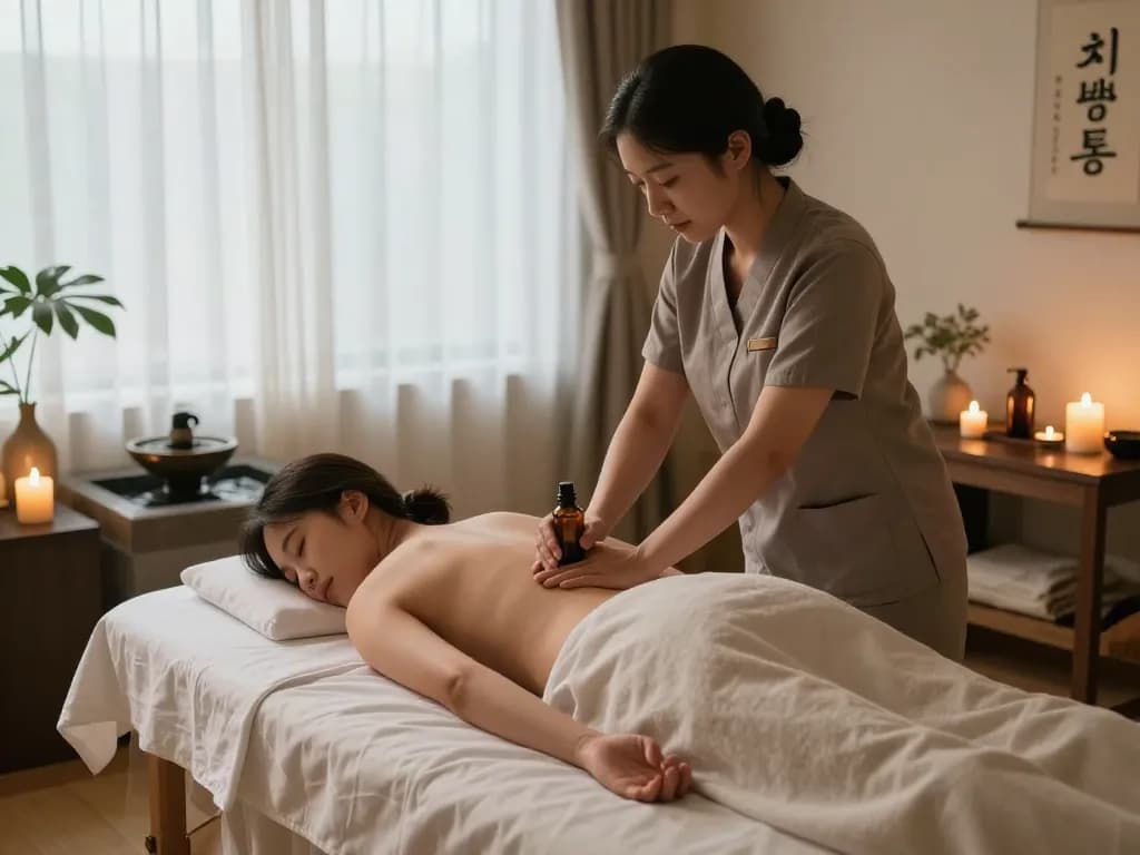 편안하고 차분한 스파 분위기에서 치료사가 에센셜 오일을 적용하는 치평동마사지 세션.